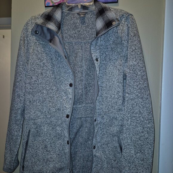 Eddie Bauer Gray Knit Jacket Shirt with Flannel Collar Zip and Snap Size Medium - Picture 3 of 7